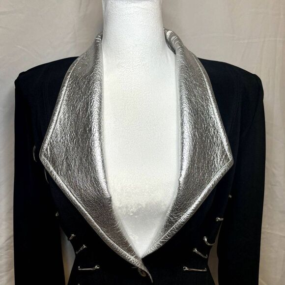 Vintage Cache Peplum Leather Womens Blazer Jacket Stretch Fabric Silver Black - Picture 3 of 11